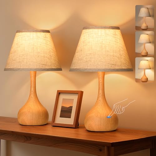 Touch Table Lamp for Bedroom Set of 2, 3-Way Dimmable Bedside Lamp for Nightstand, 17” Rustic Metal Desk Lamp with Linen Shade for Living Room, Kids Reading, Dorm, Home Office Decor, Bulb Included - color: Wood Grain, size: 2 PACK