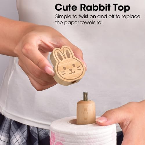 KitchLife Cute Wooden Paper Towel Holder Countertop - Solid Freestanding Paper Towel Dispenser Stand Organizer with Anti-Skid Base (Rabbit) - style: Rabbit