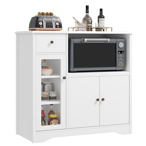 HORSTORS Microwave Cabinet, Kitchen Storage Cabinet with 3 Doors and 1 Drawer, Buffet Sideboard with Adjustable Shelves, Microwave Stand for Kitchen, Dining Room, White - color: White