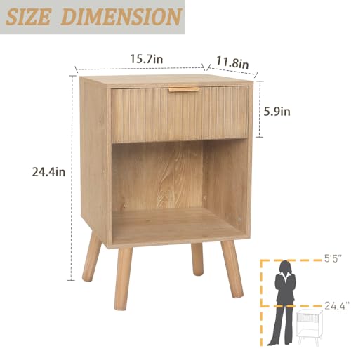 Fultyle Night Stand with Drawer, Mid Century Nightstand with Storage, Modern Fluted Bedside Table Bedroom Living Room for Small Space, Office (Rustic Walnut) - color: Rustic Walnut