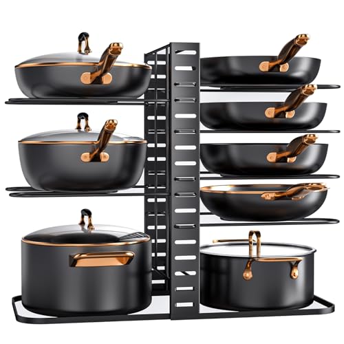 MUDEELA Pots and Pans Organizer Rack under Cabinet 14.55in Height, 8-Tiers Adjustable Pot Rack with 3 DIY Methods, Pot Lid Organizer inside Cabinet for Kitchen Pantry Organization and Storage - color: Black, size: 14.55"H