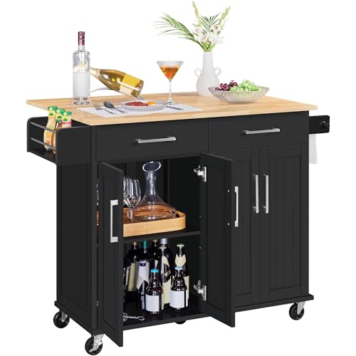 Yaheetech Kitchen Island Cart with Drop Leaf, 49" Rolling Island Table with Storage, Drawer, Kitchen Cart with Rubberwood Top, Detachable Towel & Spice Rack, Black
