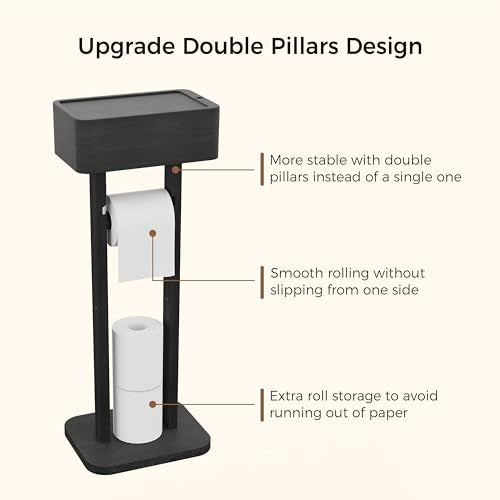 4-in-1 Black Toilet Paper Holder Stand with Storage Shelf Box, 360° Rotating Bamboo Free Standing Toilet Tissue Roll, Toilet Wipes Dispenser Organizer, Temporary Desktop for Bathroom (Patent) | 360° Rotating Bamboo Free Standing Toilet Tissue Roll, Toilet
