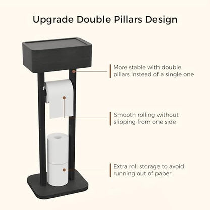 4-in-1 Black Toilet Paper Holder Stand with Storage Shelf Box, 360° Rotating Bamboo Free Standing Toilet Tissue Roll, Toilet Wipes Dispenser Organizer, Temporary Desktop for Bathroom (Patent) | 360° Rotating Bamboo Free Standing Toilet Tissue Roll, Toilet