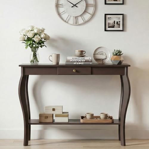 ChooChoo Narrow Console Table with Drawer, Chic Accent Sofa Entryway Table with Shelves for Entryway, Living Room, Hallway, Espresso - color: Espresso, size: 11.8"D x 39.3"W x 31.4"H