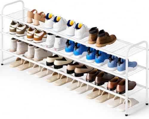KEETDY 3-Tier Long Shoe Rack for Closet Metal Shoe Organizer for Entryway, Wide Stackable Shoe Storage Shelf with Sturdy Wire Grid for Closet Floor, Bedroom, White - color: White, size: 11.4x43x24.4