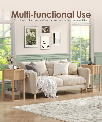 Akxomel Narrow Fluted Nightstands Set of 2, Wooden Slim Bedside Table with Charging Station, Mid-Century Modern Night Stand with Drawer and Open Shelf, Small Side End Table, for Bedroom, Natural Oak - color: Natural Oak