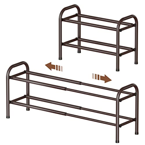 Gonfoam Expandable 2-Tier Shoe Rack for Closet and Entryway, Bronze | Tool-Free Assembly, Metal Material, Adjustable Shoe Organizer, Sturdy, Small Space Solution, Dorms, Garages, Apartments. - color: Bronze, size: 2 Tier