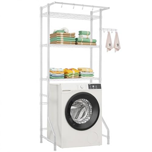 VEVOR Over The Washer and Dryer Storage Shelf, 3 Tier Laundry Room Drying Rack with Hanger Rod and Hooks, Adjustable Over Washer and Dryer Shelves, Laundry Room Shelf Storage Space Saver, White - color: White, size: 3-tier