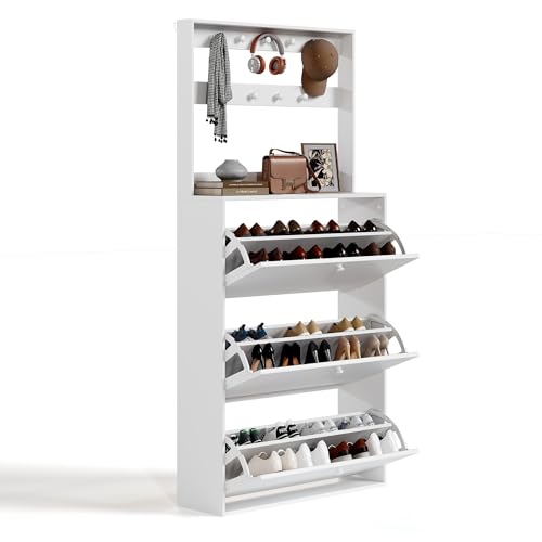 HOPUBUY Shoe Cabinet for Entryway, Narrow Shoe Storage with 3 Flip Drawers | Slim Narrow Freestanding Shoe Storage Organizer for Entryway, Hallway & Living Room, White - color: Rustic White