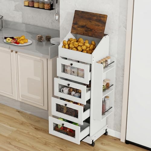 ARTETHYS Potato Storage Bin 5-Tier Rolling White Bread Box with Side Rack | Onion Keeper with Spice Rack on Wheels, Movable Fruit & Vegetable Container with 4 Ventilated Drawers for Kitchen - color: White