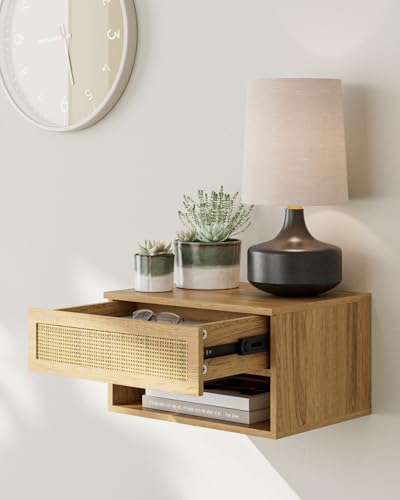 Floating Nightstand, Small Modern Floating Nightstand with Drawer, Floating Shelves for Bedroom, Bathroom (Oak Rattan) - color: Oak Rattan