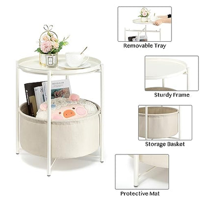 danpinera Round Side Table with Storage Basket, Nightstand Coffee Table | Metal Small Stand for Small Space, Living Room, Bedroom, Nursery Room, Modern Nightstand with Serving Tray, White - color: White