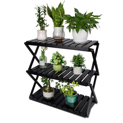 3-Tier Foldable Acacia Wood Ladder Plant Stand & Corner Rack Black | 4-tier indoor & outdoor wooden plant ladder, foldable corner design, tall plant rack, perfect for office, balcony & garden