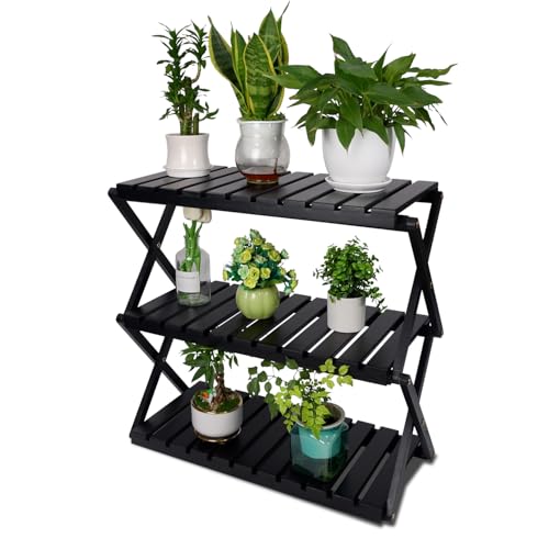 3-Tier Foldable Acacia Wood Ladder Plant Stand & Corner Rack Black | 4-tier indoor & outdoor wooden plant ladder, foldable corner design, tall plant rack, perfect for office, balcony & garden