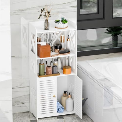 Bathroom Storage Cabinet, Freestanding Bathroom Organizers with Open Storage, Kitchen Pantry Cabinet with Doors, Floor Shelf with Door & Shelves White