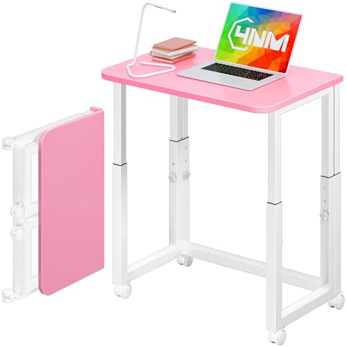 4NM No Tool Assembly 23.6" Small Desk, Folding Portable Desk with Wheels, Adjustable Height Foldable Computer Home Office Desks, Collapsible Study Writing Table for Space Saving Bedroom - Pink White - color: Pink White, size: 23.6"