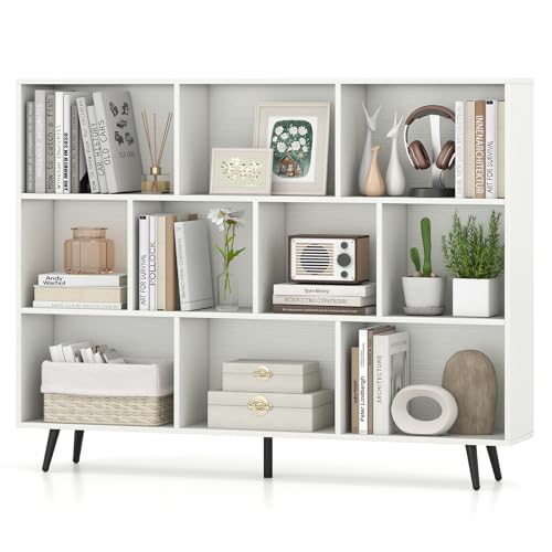 Giantex 10-Cube Bookcase, 3-Tier Modern Bookshelf with 5 Metal Legs, 55" Freestanding Open Storage Organizer with 2 Anti-tip Devices, Mid-Century Display Rack for Living Room (55" x 9.5" x 42") - size: 55" x 9.5" x 42"