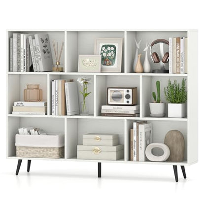 Giantex 10-Cube Bookcase, 3-Tier Modern Bookshelf with 5 Metal Legs, 55" Freestanding Open Storage Organizer with 2 Anti-tip Devices, Mid-Century Display Rack for Living Room (55" x 9.5" x 42") - size: 55" x 9.5" x 42"