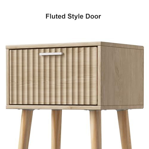 LAATOOREE Nightstands Set of 2, Small Side Table, Bedside Table with Fluted Door, Solid Wood Feet; Modern Mid-Century End Table for Bedroom, Small Space (Natural) - color: Natural, style: Fluted Style