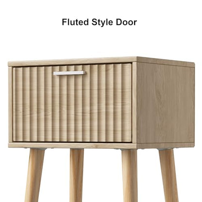 LAATOOREE Nightstands Set of 2, Small Side Table, Bedside Table with Fluted Door, Solid Wood Feet; Modern Mid-Century End Table for Bedroom, Small Space (Natural) - color: Natural, style: Fluted Style