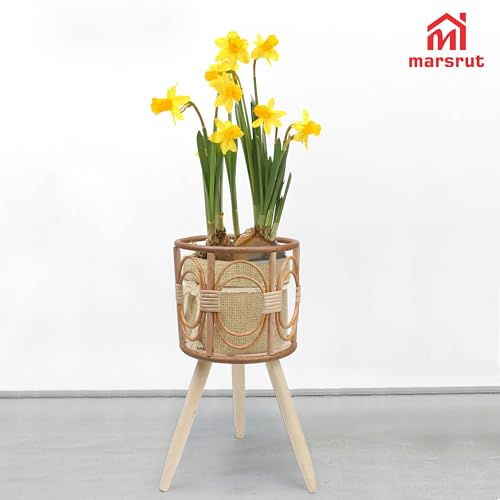 Rattan Plant Stand, Wicker Plants Baskets Indoor, Small, Cute Handmade Woven Wooden Planter with Legs, Boho Style Hollow Flowers Display Rack Straw Standing Floor Stool Shelf for Pot Holder Outdoor Decorations