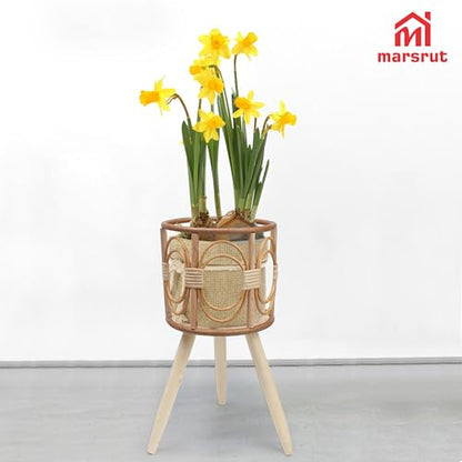 Rattan Plant Stand, Wicker Plants Baskets Indoor, Small, Cute Handmade Woven Wooden Planter with Legs, Boho Style Hollow Flowers Display Rack Straw Standing Floor Stool Shelf for Pot Holder Outdoor Decorations