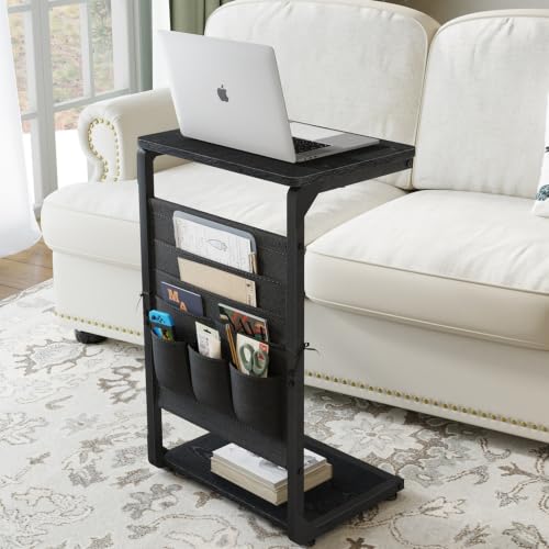 Couch End Tables Set of 2 Pack TV Trays, Black Small Side Table Sofa Tray Wood Pedestal TV Trays for Eating on Couch, Tables that Slide Under, Dinner Food Snack C Shaped Stands Living Room ET-P-BKW2 - color: Black