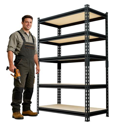 60" H x28 W x12 D: Father&I 5-Shelf-Storage-Rack Metal+Wood Garage/Kitchen Pantry Shelves Steel Utility Stand Shelving Unit Adjustable Heavy-Duty Shed Closet/Attic/Laundry Organizer, Black - size: 60 in * 28 in * 12 in Wood-5T