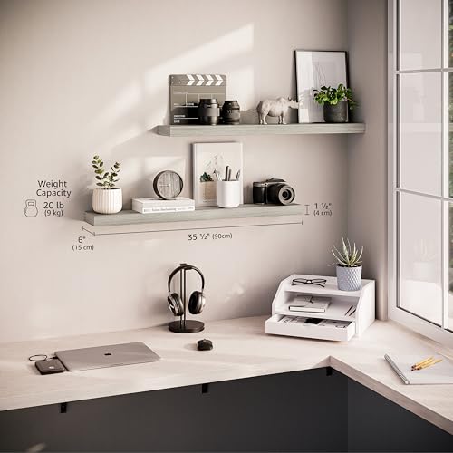 Ballucci Floating Shelves, 36" Wood Wall Shelf Set of 2, with Invisible Brackets for Bathroom, Living Room, Bedroom, Kitchen, Nursery, 6" Deep, Rustic Gray - color: Grey, size: 35.4 inches