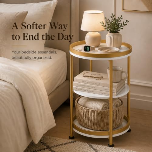 Dulcii Round Side Table with Storage Tray for Living Room, 15" L x 15" W x 24" H Bedroom Nightstand 3 Tiers Bedside Table with Steel Frame for Small Spaces (White & Gold) - color: White + Gold, style: Classic