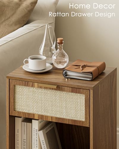 Masupu Rattan Nightstand,Modern Night Stand Boho Farmhouse Wood Bedside Table with Storage Drawer Side End Table for Bedroom, Office,Walnut Brown - color: Rattan-walnut Brown