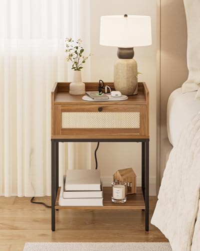 Nightstand with Charging Station,3-Tier Bedside Table for Small Space,Modern Night Stand with Storage Drawer and Shelf,Small Side Table for Bedroom,Living Room,Walnut Brown - color: Walnut With Charging Station