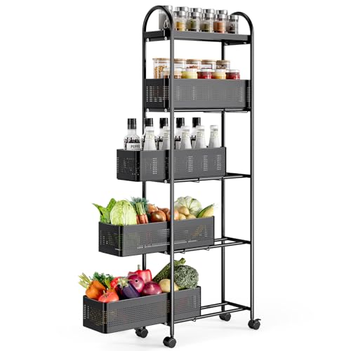 KINGRACK Slim Storage Cart with Drawer, 5-Tier Rolling Utility Cart on Wheels, Narrow Metal Cart for Space Save, Easy Assembly for Kitchen Cart, Craft Cart, Laundry, Bathroom, Nursery Organizer - color: Black, size: 5 Tier