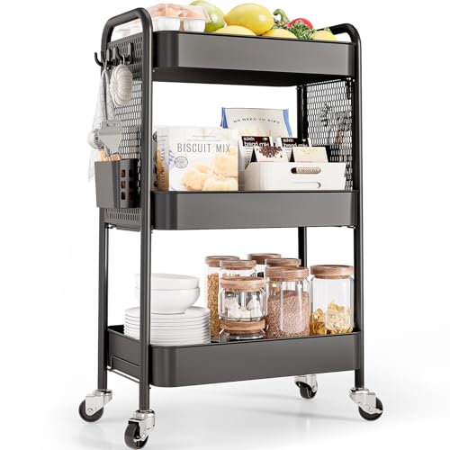 TOOLF 3 Tier Rolling Cart Storage Organizer, Metal Rolling Utility Car with Wheels, Hooks & Bins Esthetician Art Sturdy Storage with Pegboard for Bathroom, Kitchen, Office, Nursery Diaper - color: Black, size: 3-Tier