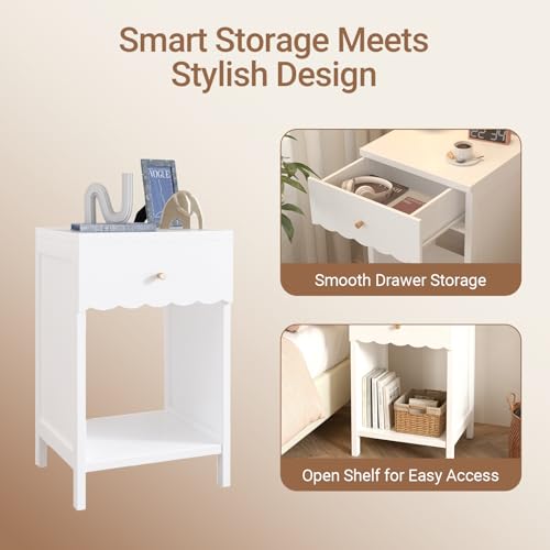 Haotian Nightstand with Drawer and Open Shelf, Scalloped Edge Design, White, Compact Bedside Table, 16.93" D x 14.96" W x 26.77" H, Engineered Wood