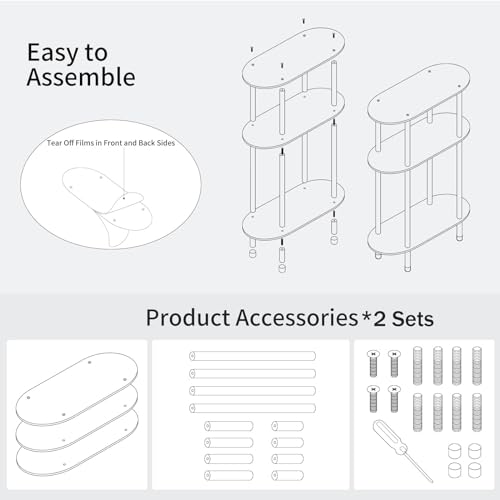 Clear Acrylic Narrow Side Table Set of 2 for Small Spaces, 15.75" L x 7.87" W x 24.6" H, 3 Tier Oval Slim End Table Nightstand, Small Skinny Bedside Table for Bedroom, Bathroom, Living Room - size: 3 Tier 2-Pack 24.6"H