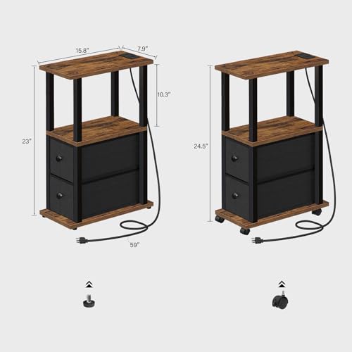 TUTOTAK Small Narrow End Tables, LED Side Tables with 2 Fabric Drawers, Set of 2, Bedside Tables with Charging Station for Small Spaces, Slim Nightstands with USB Ports and Wheels, TB01BB053L - color: Brown, style: with LED Light & Outlets