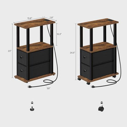 TUTOTAK Small Narrow End Tables, Side Tables with 2 Fabric Drawers, Set of 2, Bedside Tables with Charging Station for Small Spaces, Slim Nightstands with USB Ports and Wheels, TB01BB053 - color: Brown, style: with Outlets