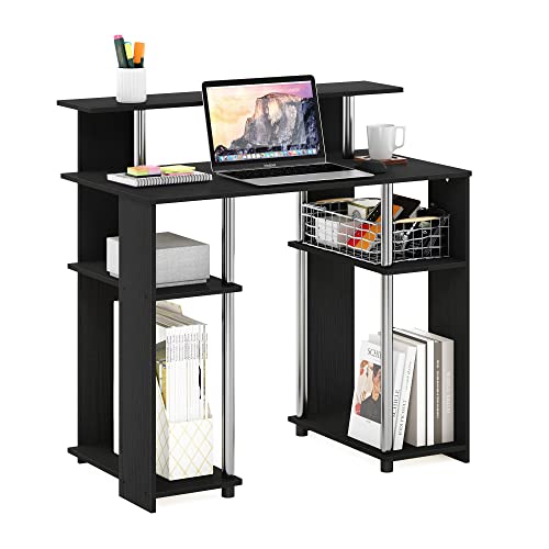 Furinno Jaya Simple Design Computer Writing Desk, Americano/Stainless Steel, 20.3 (D) x 35.6(W) x 35.7 (H) inches. | Raised Hutch and Open Shelf, Simple Design Computer Writing Desk, Office Desk for Home Office, Bedroom - color: Americano/Stainless Steel