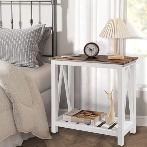 Narrow End Table Rectangular Side Tables for Small Spaces Wood Framed Night Stands Sofa Bedside Table for Living Room Brown Smooth Tabletop Industrial Accent Furniture for Bathroom Bedroom - color: Brown&white