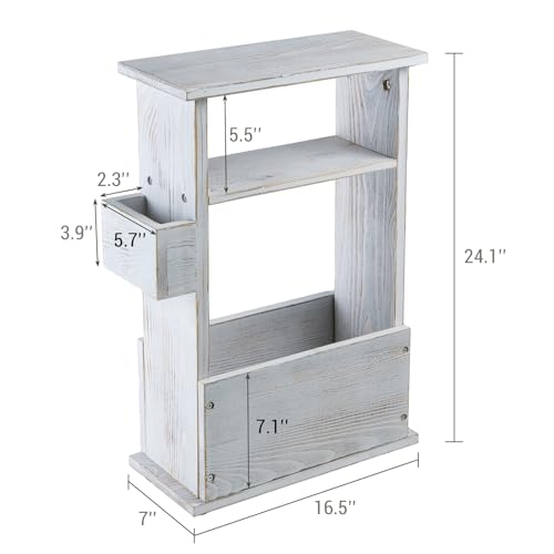 MyGift Wide Side Table, Slim End Sofa Table in Whitewashed Wood with Storage Shelf, Magazine and Remote Holder, Narrow Side Table - color: Whitewashed