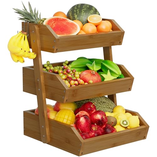 Hellojin 3 Tier Fruit Basket For Counter, Large Capacity Fruit Storage Countertop, Fruit Holder, Wooden Pantry Organizers and Storage, Kitchen Countertop Organizer With 2 Banana Hangers (Walnut) - color: Walnut-3 tier