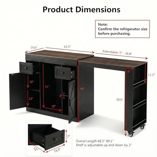 ARTETHYS 48’’- 80’’ Extendable Kitchen Island with Fridge Storage, White | Expanded Kitchen Counter with Compartment & Drawers, Sideboard Buffet Table with Cabinet and Side Rack for Kitchen - color: Black