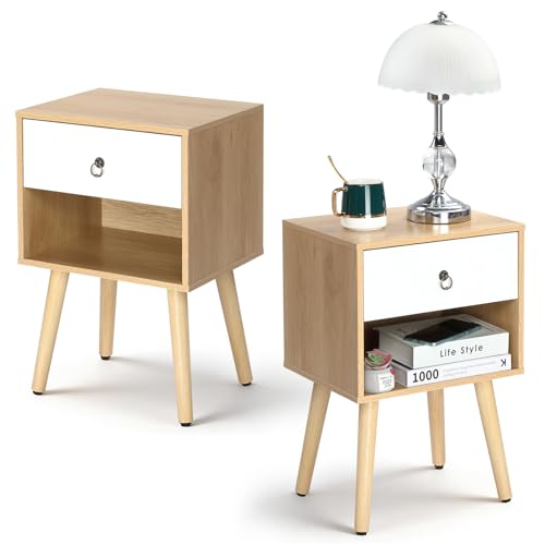 Bonnlo Nightstand Set of 2, Modern Bedside Table with Drawer Open Shelf, End Table with Solid Wood Legs for Bedroom, Oak - color: White+oak, size: 1 Drawer 1 Shelf