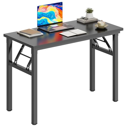 DlandHome 31.5 Inch Small Folding Computer Desk for Home Office, Black | Foldable Writing Table for Small Spaces Bedroom, No Assembly Required, Wood Top Metal Frame, Collapsible Compact Easy Storage - color: Black + Black, size: 31.5 Inches