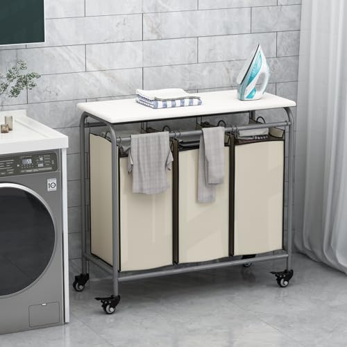 LINZINAR 3-Bag Laundry Hamper with Ironing Board, Beige 135L Laundry Sorter | Laundry Room Organization with Heavy Duty Rolling Lockable Wheels and Removable Bag, Bedroom Laundry Cart for Clothes Storage - size: 3 Bags Beige with Board
