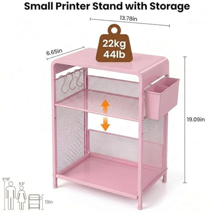 ECOLOVI 3 Tier Printer Stand for Under Desk, Height Adjustable Shelf Small Printer Table with 3 S-Hooks & Basket, Heavy Duty Industrial Storage Shelf for Home Office (Pink) - color: Pink