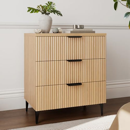 25.6" W Fluted Nightstand with 3 Drawer Dresser, Modern Wood Night Stands | Bedside Table for Bedroom King/Queen Bed, End Table with Robot-friendly Legs for Living Room,Entry - color: 3 Drawers-1pcs-oak