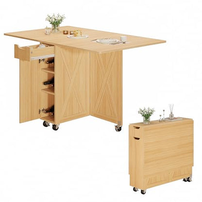 3imothrix Folding Dining Table, Dinner Table with Drawer and Storage and Shelves, Space Saving Dining Table with 6 Wheels, Kitchen Table for Small Spaces (Oak) - color: Oak